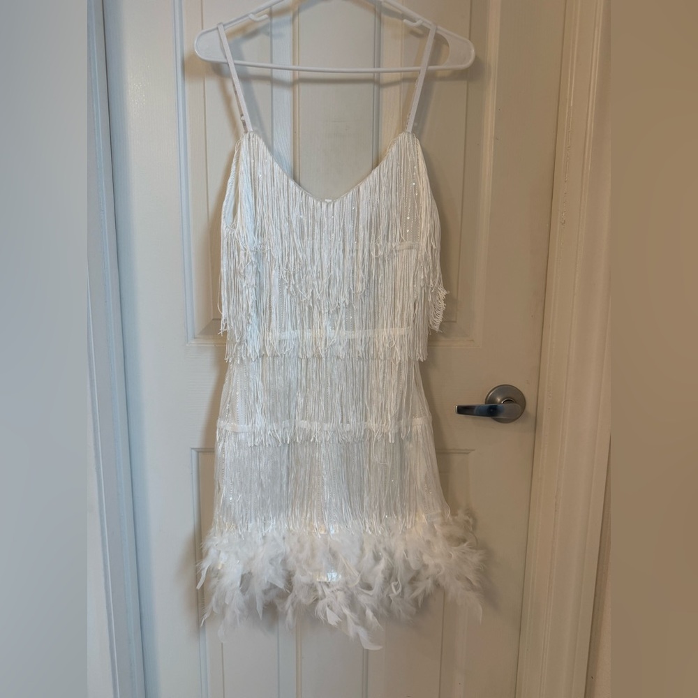 *New Without Tags* White Fringe & Feather Party Dress